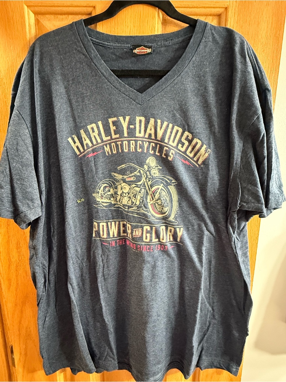 Harley-Davidson Vintage Motorcycle V-Neck Tee - Dark Blue with Gold Print